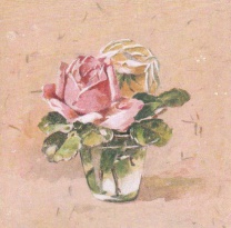 Obrázek 20x20, růžová a žlutá růže ve skleničce, rám sv. dub - červotoč