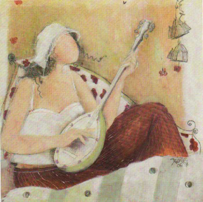 Obrázek 20x20, žena s loutnou, rám bílý s patinou