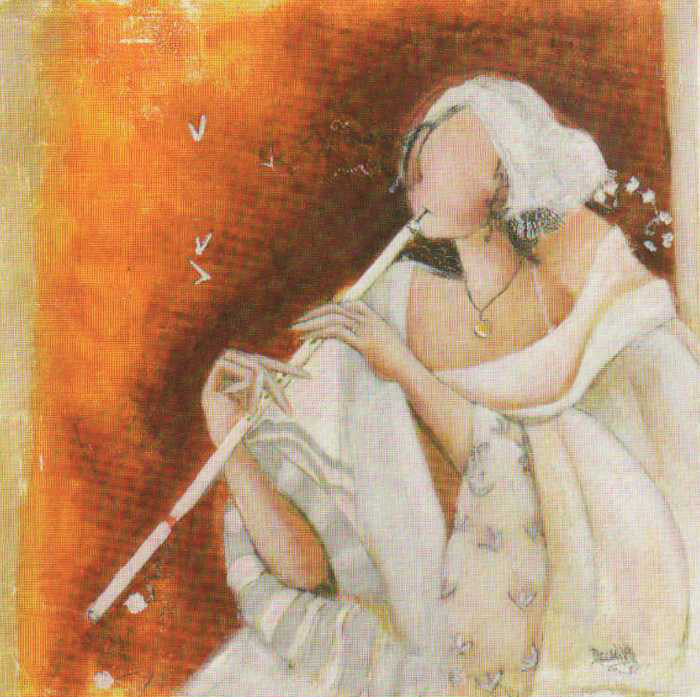 Obrázek 20x20, žena s píšťalou, rám bílý s patinou