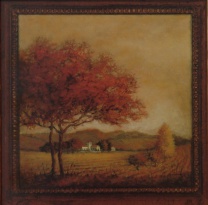 Obrázek 18x18, strom v oranžových tónech, rám bílý s patinou