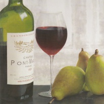 Obrázek 18x18, červené víno & hrušky, rám sv. dub - červotoč