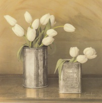 Obrázek 18x18, tulipány v plechovce I., rám bílý s patinou