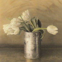 Obrázek 18x18, tulipány v plechovce II., rám bílý s patinou