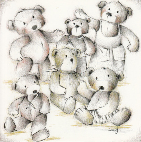 Obrázek 14x14, medvědi, rám bílý s patinou