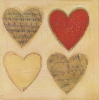 Obrázek 20x20, čtyři srdce - červené, rám sv. dub - červotoč