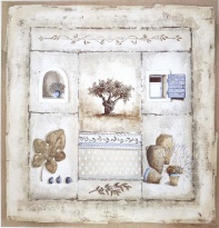 Obrázek 33x33, olivová zahrada, rám sv. dub - červotoč
