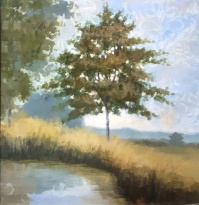 Obrázek 50x50, stromy u řeky II., rám bílý s patinou