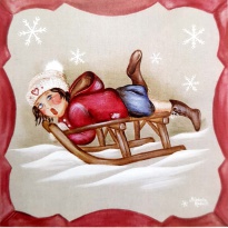 Obrázek 30x30, dívka na saních, rám sv. dub - červotoč