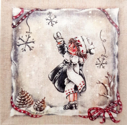 Obrázek 30x30, dívka s vločkami, rám sv. dub - červotoč