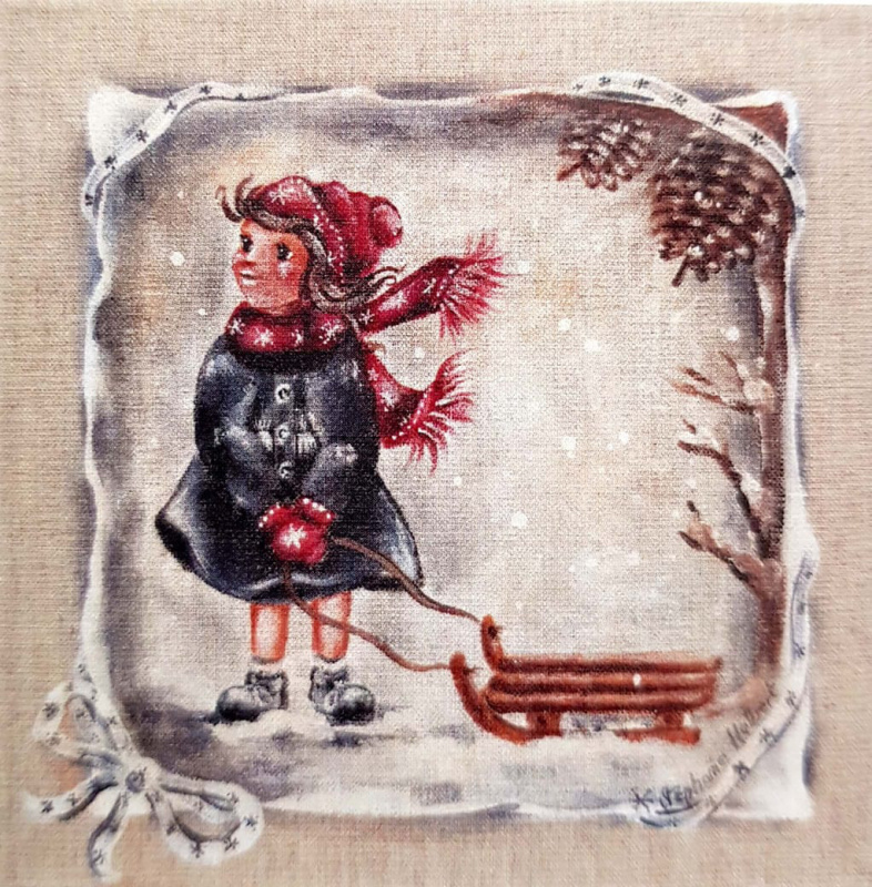 Obrázek 30x30, dívka se sáněmi, rám sv. dub - červotoč