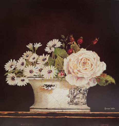 Obrázek 18x18, růže v květináči, rám bílý s patinou