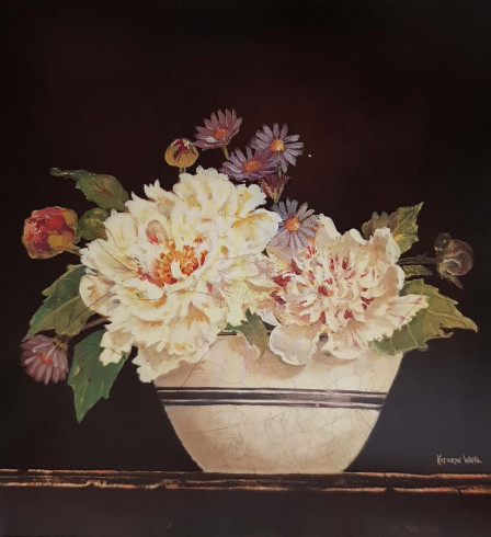 Obrázek 18x18, pivoňky v květináči, rám bílý s patinou