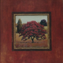 Obrázek 40x40, strom v červeném I., rám sv. dub - červotoč