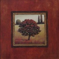 Obrázek 40x40, strom v červeném II., rám sv. dub - červotoč