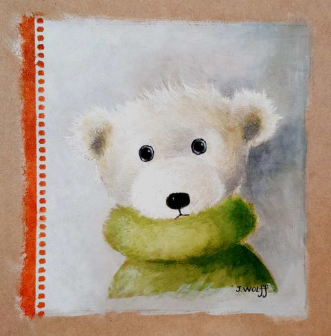 Obrázek 30x30, medvěd v zeleném, rám bílý s patinou