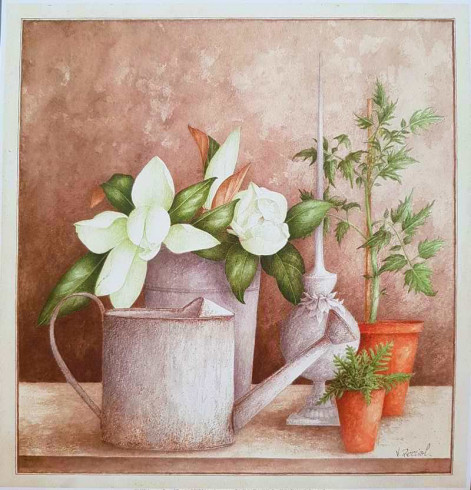 Obrázek 30x30, nádoby & květiny I., rám sv. dub - červotoč
