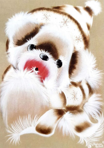Obrázek 30x40, medvěd v čepici, rám bílý s patinou