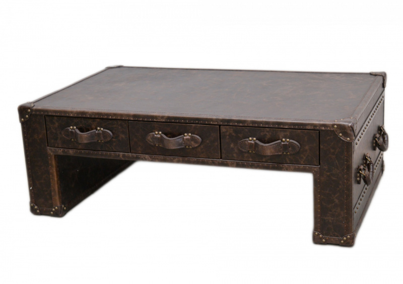 Konferenční stolek kožený, 5x šuple, vintage tmavá kůže