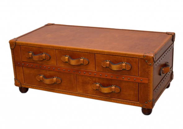 Konferenční stolek kožený, 5x šuple, vintage hnědá kůže