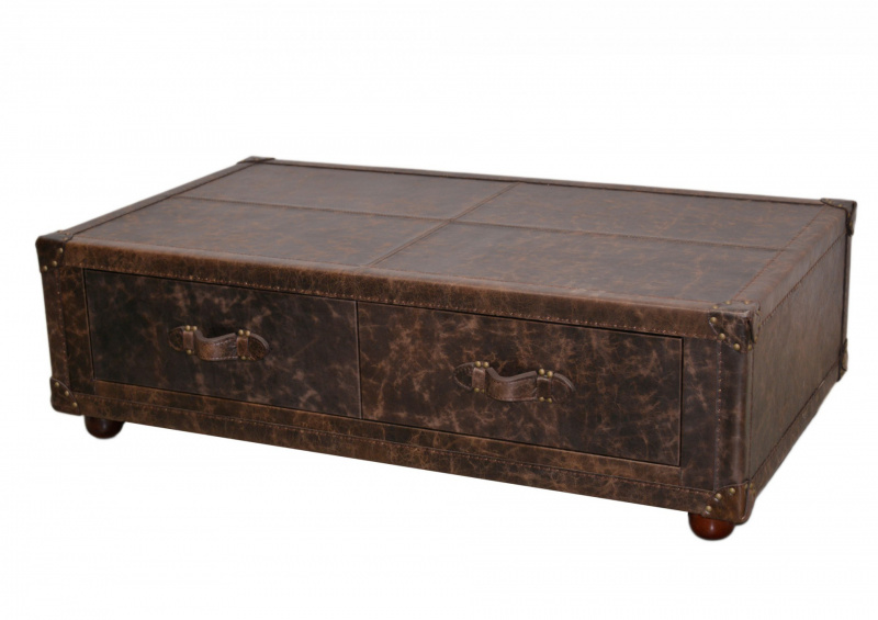 Konferenční stolek kožený, 4x šuple, vintage tmavá kůže