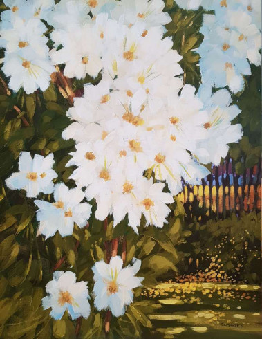 Obrázek 40x50, květiny v zahradě I., rám bílý s patinou