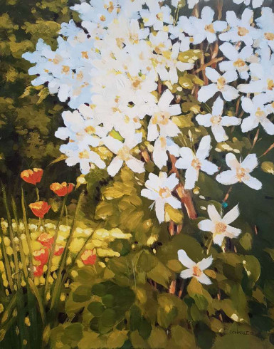 Obrázek 40x50, květiny v zahradě II., rám bílý s patinou