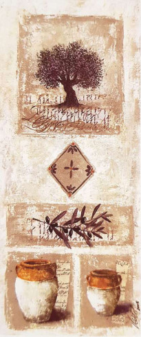 Obrázek 30x70, olivovníik & nádoby, rám sv. dub - červotoč