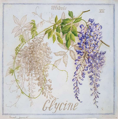 Obrázek 20x20, modré květy I., rám bílý s patinou