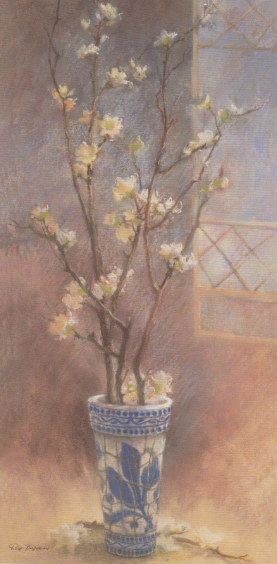 Obrázek 13x25, kvetoucí švestka, rám sv. dub - červotoč
