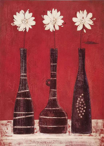 Obrázek 17x22, trojice váz s květinami, rám bílý s patinou