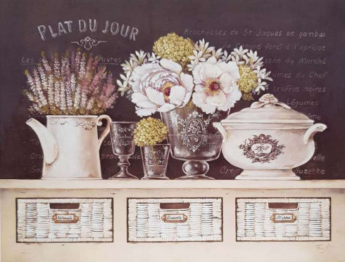 Obrázek 17x22, zátiší nádobí I., rám bílý s patinou