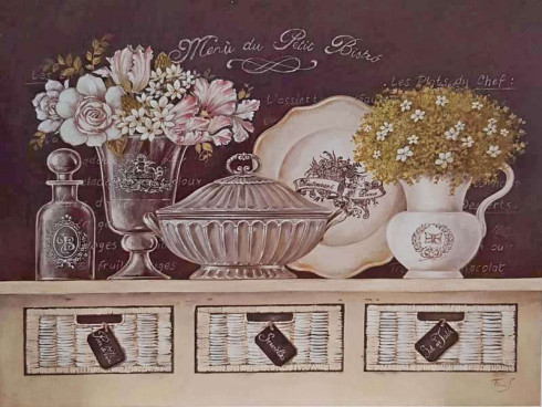 Obrázek 17x22, zátiší nádobí II., rám bílý s patinou