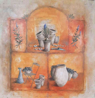 Obrázek 14x14, zahrada I., rám bílý s patinou