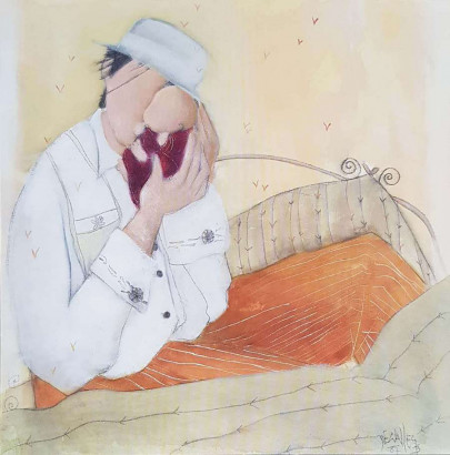 Obrázek 14x14, postava muže s dítětem, rám bílý s patinou