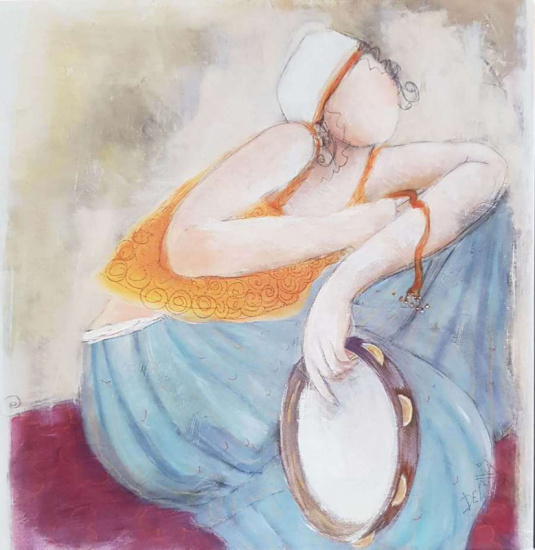 Obrázek 14x14, postava s tamburínou, rám bílý s patinou