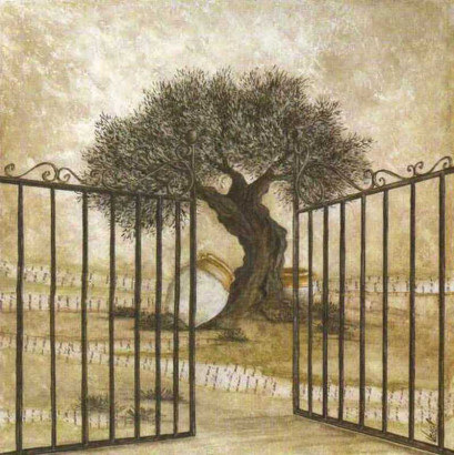 Obrázek 14x14, brána & olivovník, rám bílý s patinou