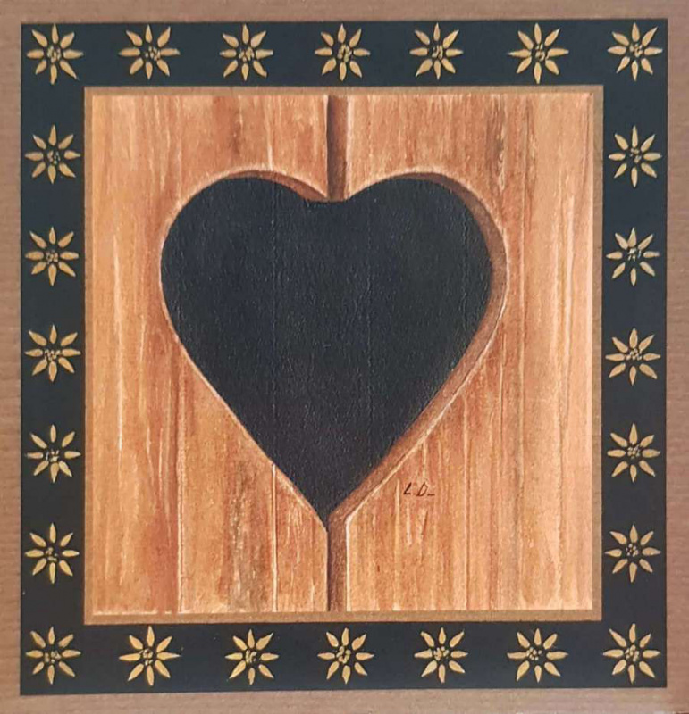 Obrázek 14x14, srdce ve dřevě, rám bílý s patinou