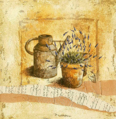 Obrázek 14x14, levandule v květináči & konev, rám bílý s patinou