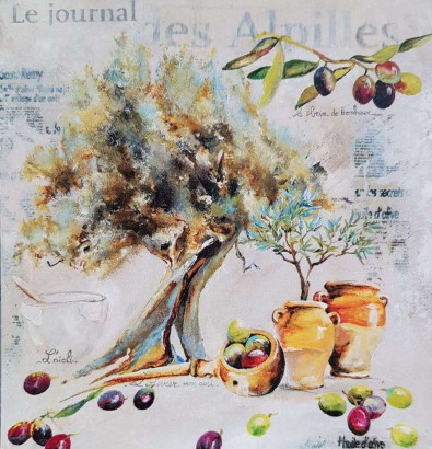 Obrázek 14x14, olivy & olivovník, rám bílý s patinou