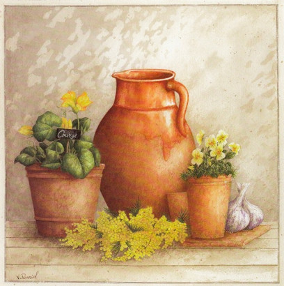 Obrázek 20x20, džbán & květiny, rám bílý s patinou