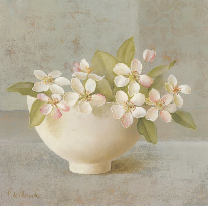 Obrázek 30x30, květy v misce, rám bílý s patinou