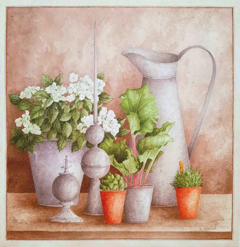 Obrázek 30x30, nádoby & květiny II., rám bílý s patinou