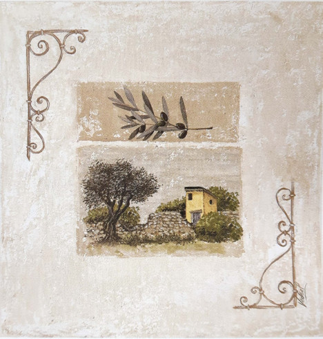 Obrázek 30x30, žlutý domeček, rám bílý s patinou