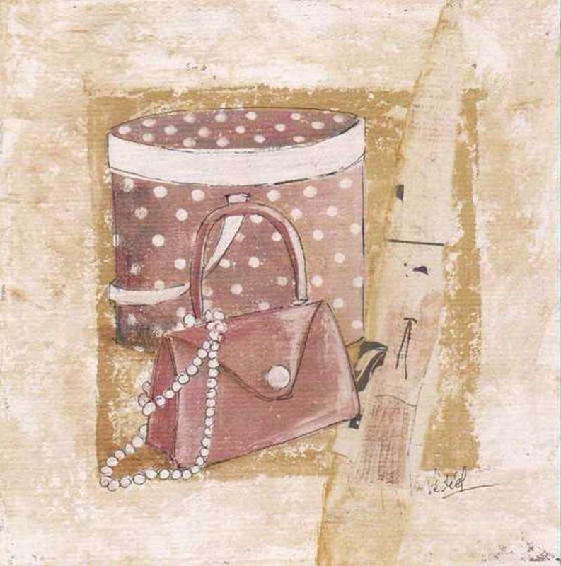 Obrázek 30x30, krabice & kabelka fialová, rám bílý s patinou