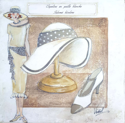 Obrázek 30x30, dáma & klobouk krémový II., rám bílý s patinou