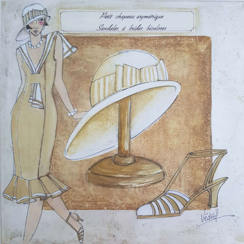 Obrázek 30x30, dáma & klobouk krémový, rám bílý s patinou