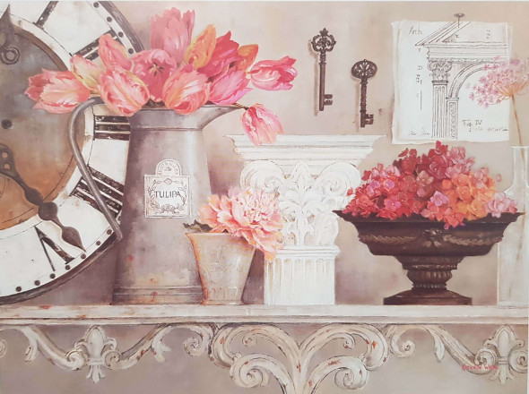 Obrázek 17x22, zátiší hodiny & květiny II., rám sv. dub - červorvotoč