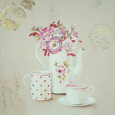 Obrázek 30x30, snídaňový set, rám bílý s patinou