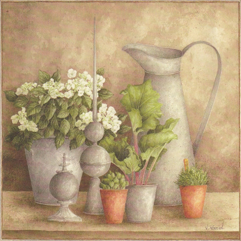 Obrázek 14x14, nádoby & květiny II., rám bílý s patiou