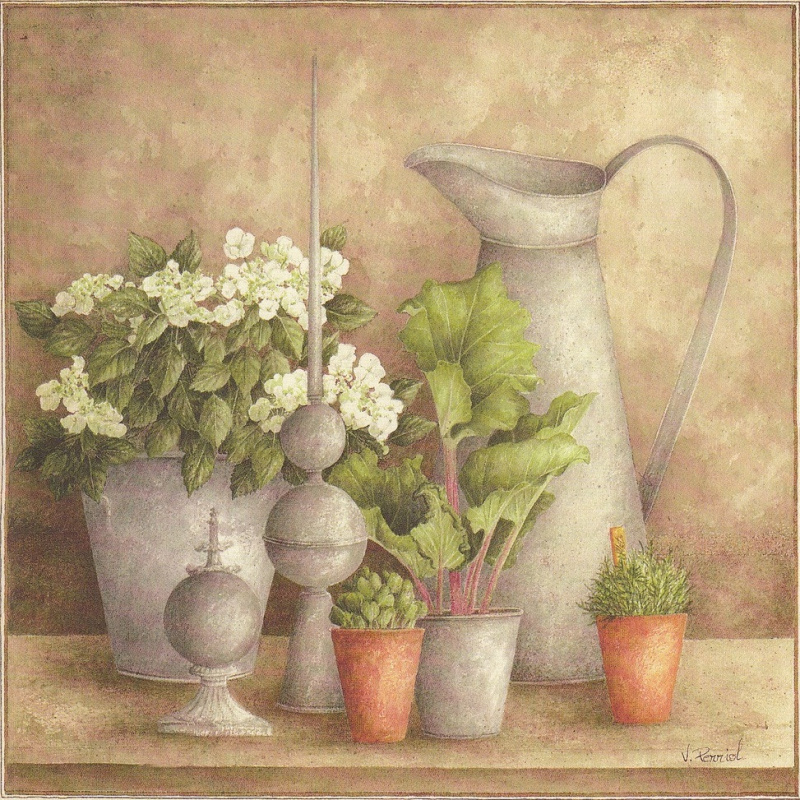 Obrázek 14x14, nádoby & květiny II., rám bílý s patiou